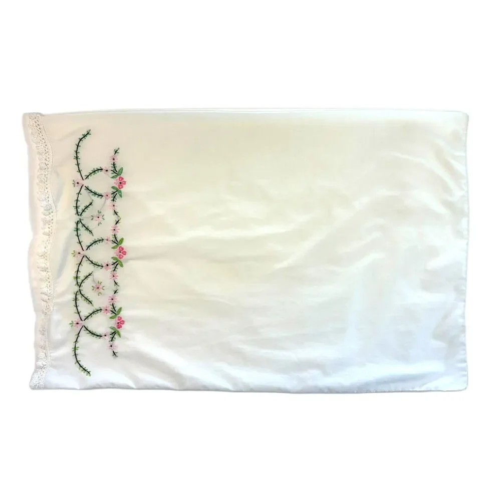 Cottagecore Hand Embroidered White Pillowcase Floral Wavy Lace Trim Vintage EUC